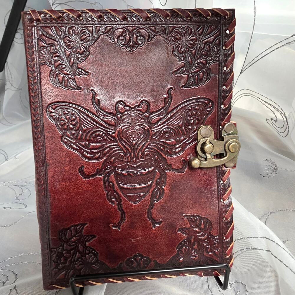 Brown Leather Bee Embossed Journal Diary Metal Clasp White Paper 5x7